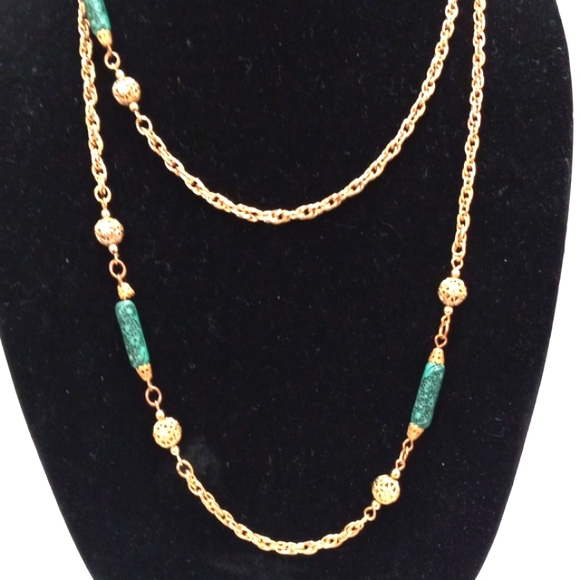 Gold Toned Long Neckless with Faux Jade - Picture 2 of 5